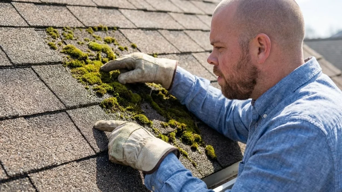 Solar consultant inspecting the texture of asphalt shingles after moss treatment.