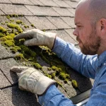Solar consultant inspecting the texture of asphalt shingles after moss treatment.