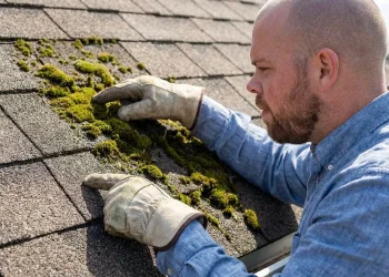 Solar consultant inspecting the texture of asphalt shingles after moss treatment.