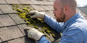 Solar consultant inspecting the texture of asphalt shingles after moss treatment.