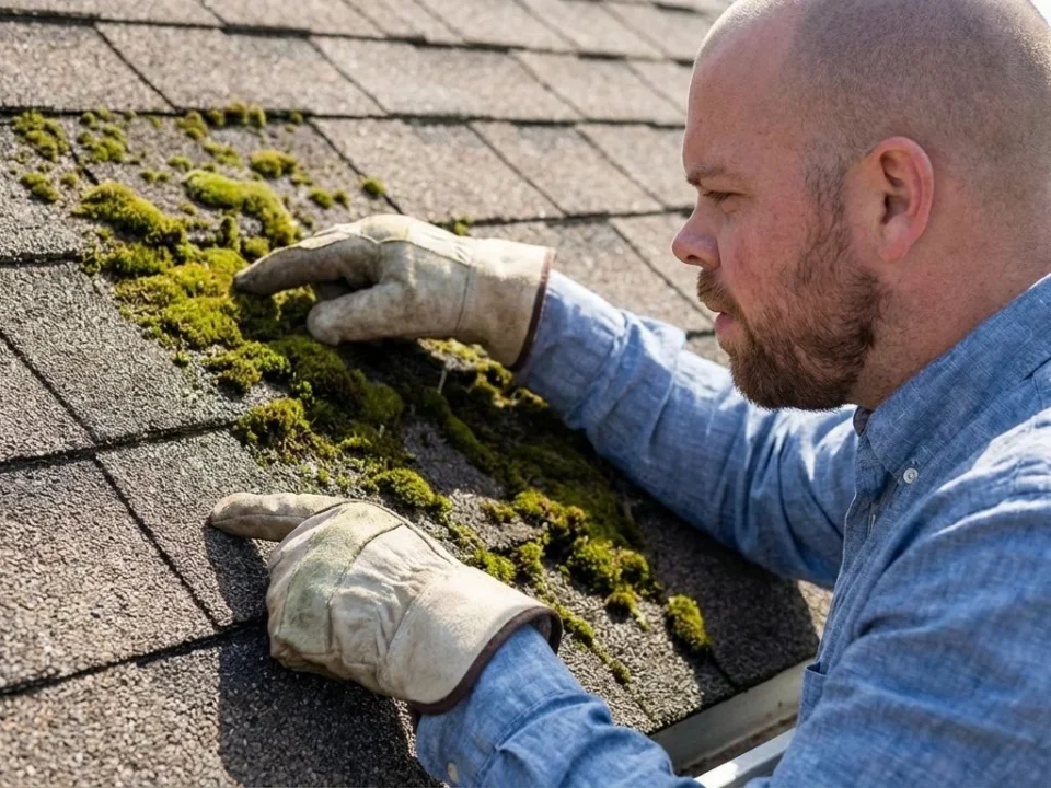 Solar consultant inspecting the texture of asphalt shingles after moss treatment.