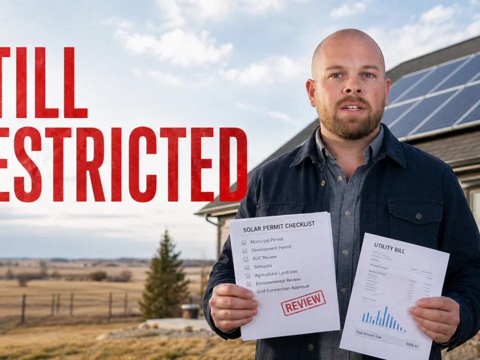 Ray holding an Alberta solar permit checklist and utility bill beside rooftop solar panels