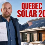 Solar Panels Quebec Guide 2026: Cost, Hydro-Quebec Grant, Net Metering and Payback Ray holding a Quebec electricity bill beside a home with rooftop solar panels for the Solar Panels Quebec 2026 guide