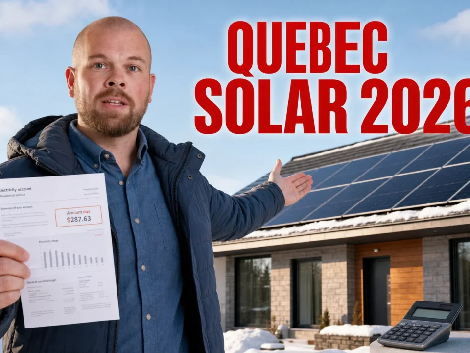 Ray holding a Quebec electricity bill beside a home with rooftop solar panels for the Solar Panels Quebec 2026 guide