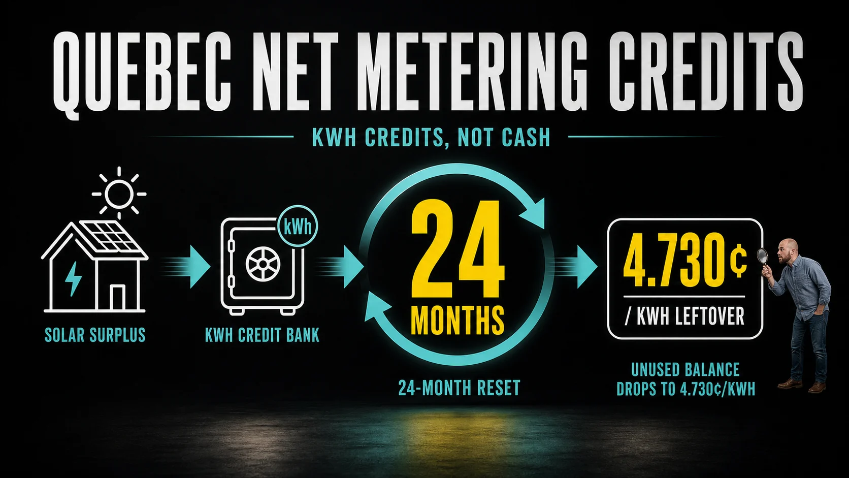 Infographic explaining Quebec net metering credits as kWh credits with a 24 month reset and 4.730 cents per kWh leftover credit value