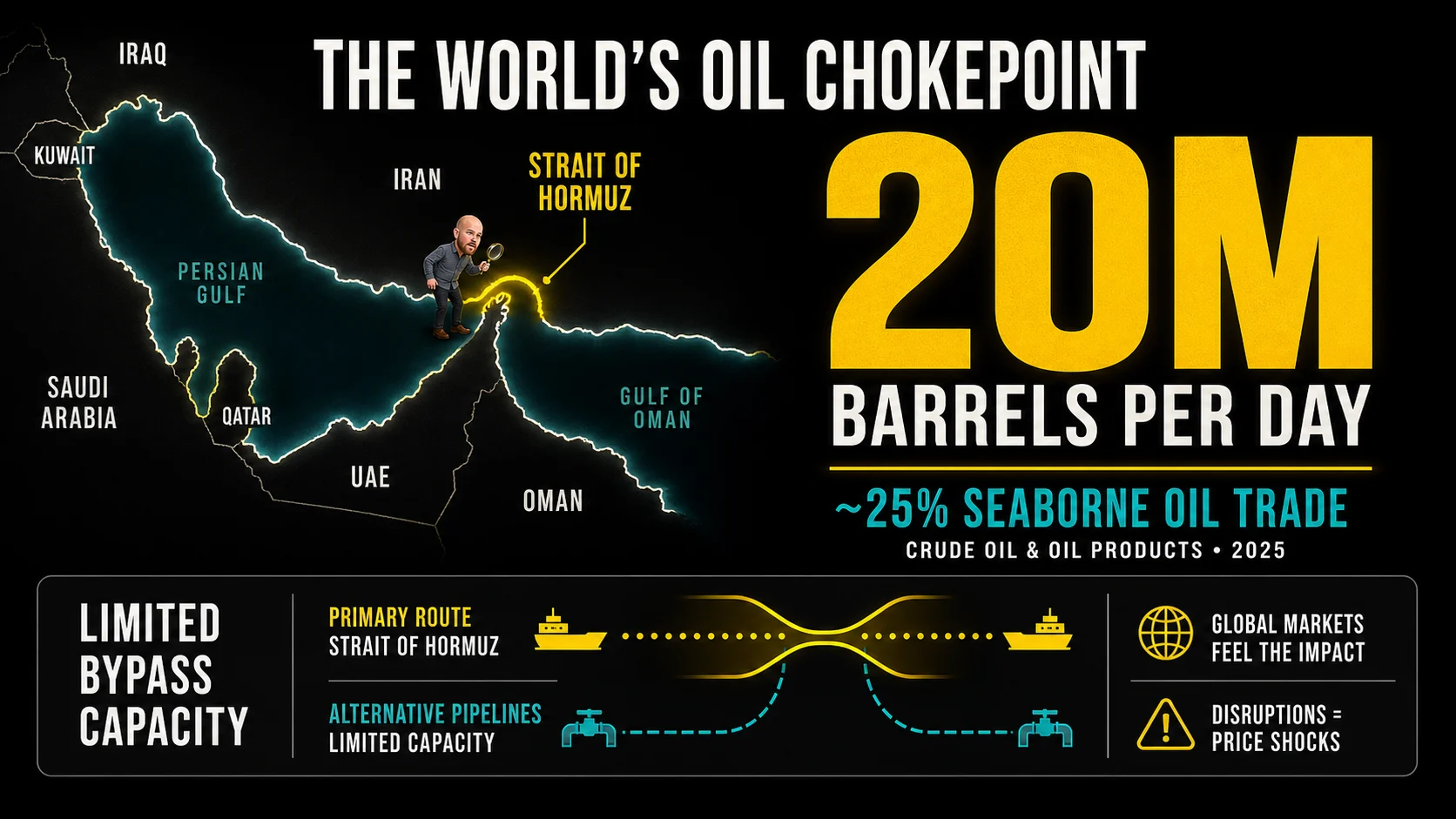 Infographic showing Strait of Hormuz oil flow and Canadian energy price exposure