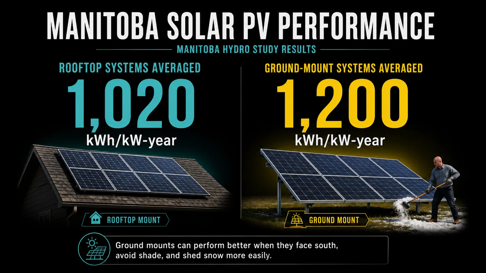 Manitoba solar PV performance infographic showing rooftop systems average 1020 kWh per kW year and ground mount systems average 1200 kWh per kW year