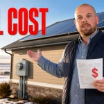 Ray standing beside a Saskatchewan home with rooftop solar panels while holding an electricity bill labeled Real Cost