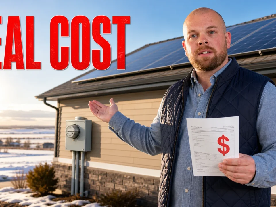 Ray standing beside a Saskatchewan home with rooftop solar panels while holding an electricity bill labeled Real Cost