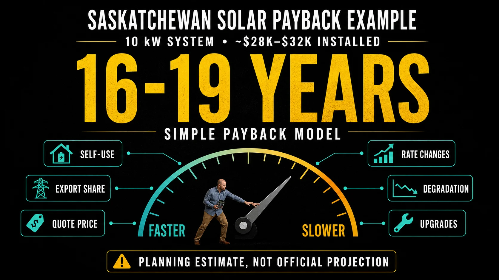 Infographic showing a 16 to 19 year simple payback planning estimate for a 10 kW Saskatchewan solar system