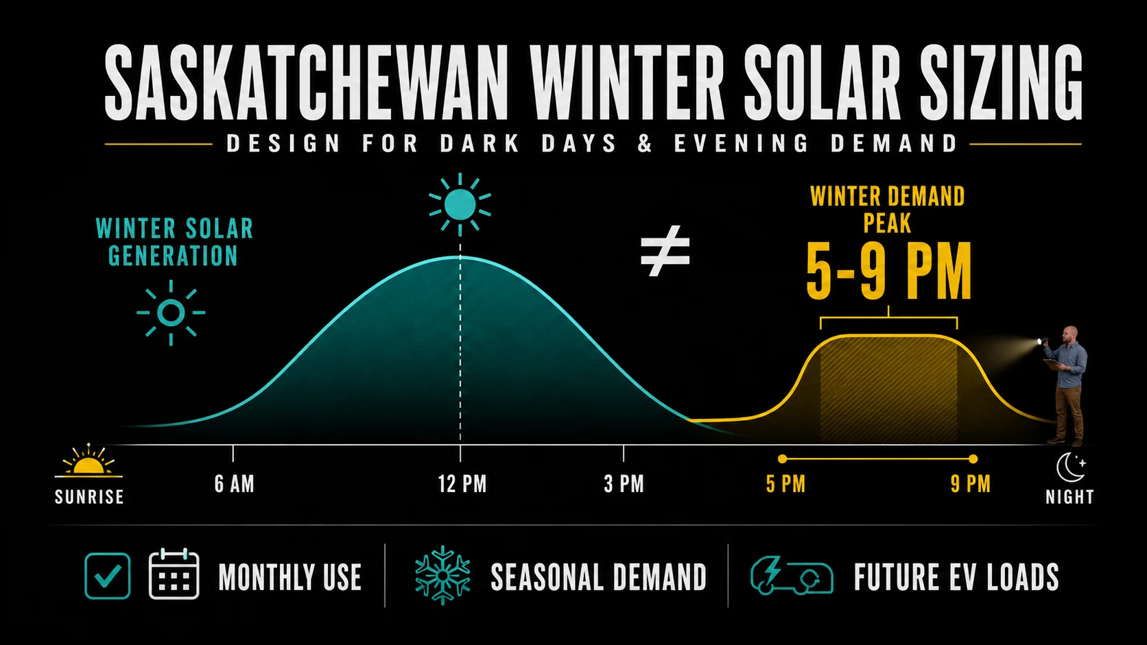 Infographic showing Saskatchewan winter solar generation during the day and peak electricity demand from 5 PM to 9 PM