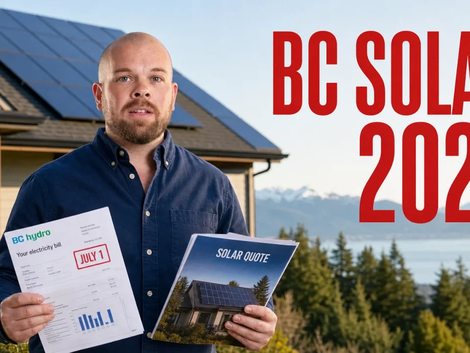Solar panels in BC 2026 guide showing Ray with rooftop solar, a BC Hydro bill, costs, rebates and net metering changes.