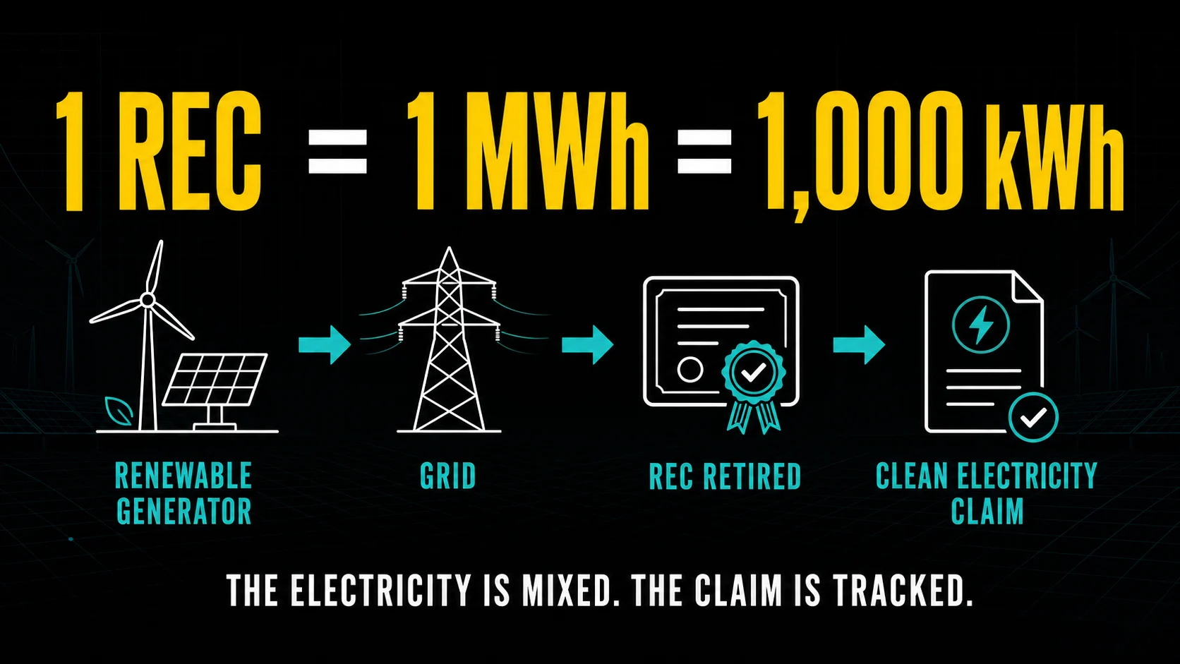One REC Equals One MWh and 1000 kWh Explained Infographic explaining that one renewable energy certificate equals one megawatt-hour or 1000 kilowatt-hours