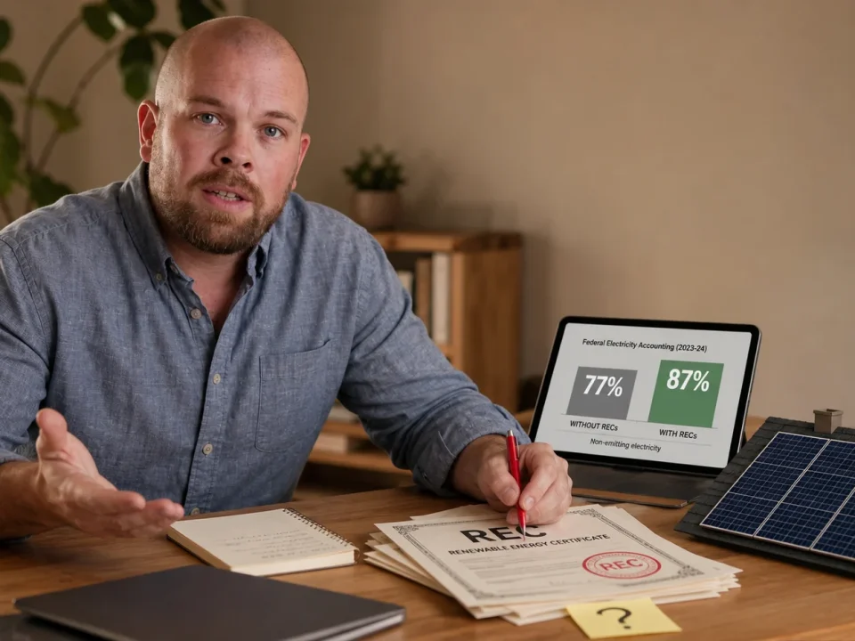 Man at desk comparing REC certificates with rooftop solar model for renewable energy certificates article