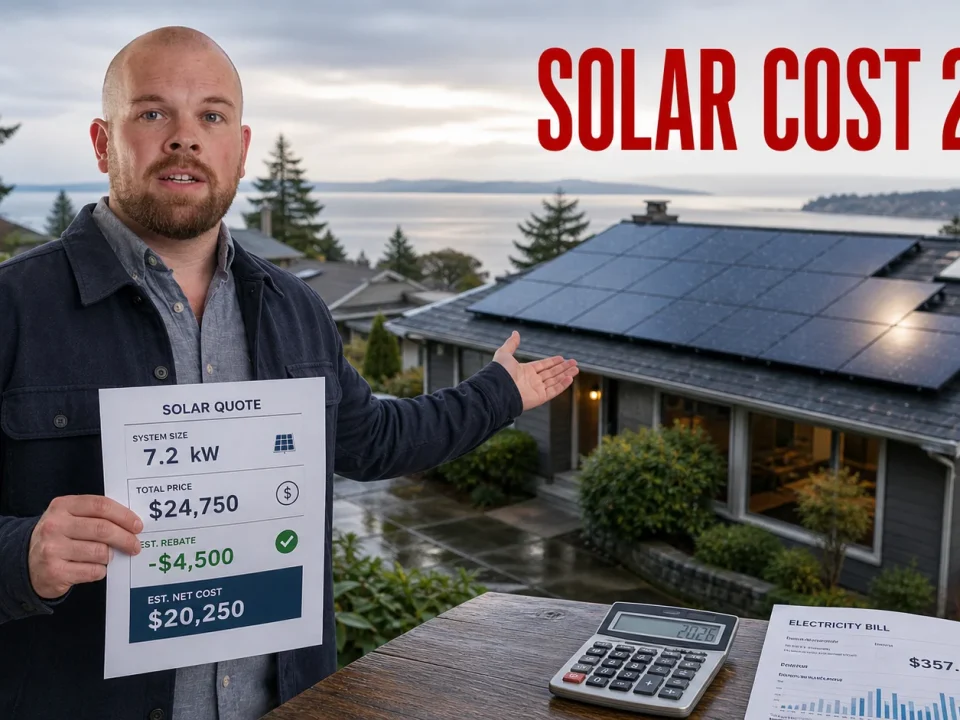Victoria BC homeowner reviewing a 2026 solar quote beside a rooftop solar panel system