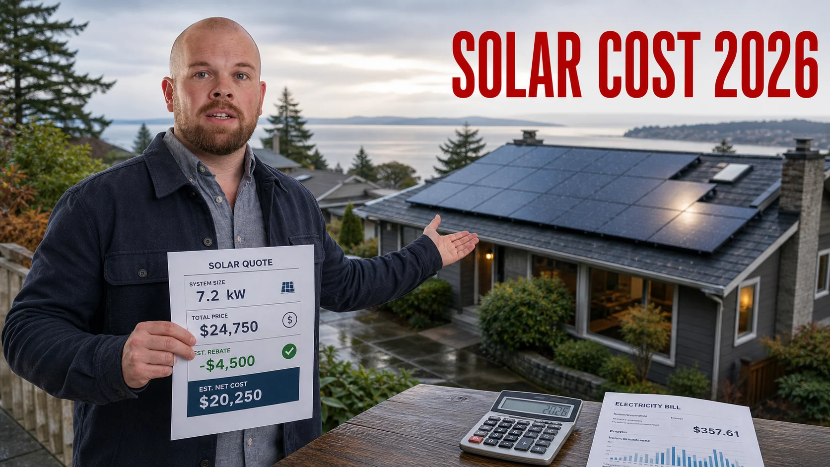 Solar Panel Cost Victoria BC 2026: Calculator, Rebates, Payback and Installer Checklist Victoria BC homeowner reviewing a 2026 solar quote beside a rooftop solar panel system