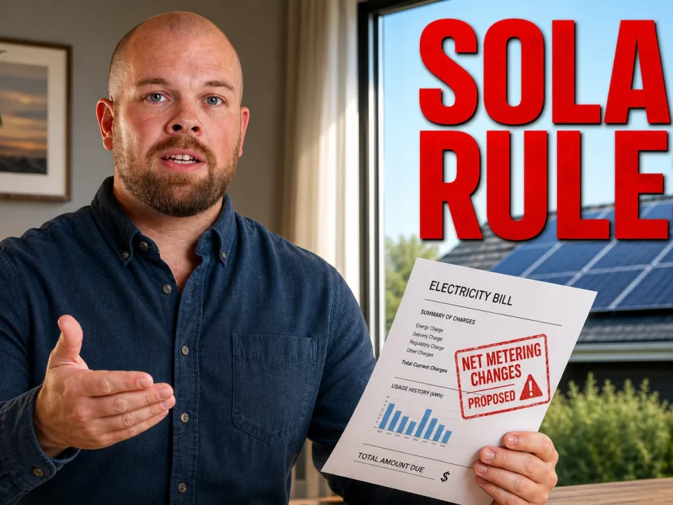 Ray holding an electricity bill beside rooftop solar panels for New Brunswick solar rules in 2026