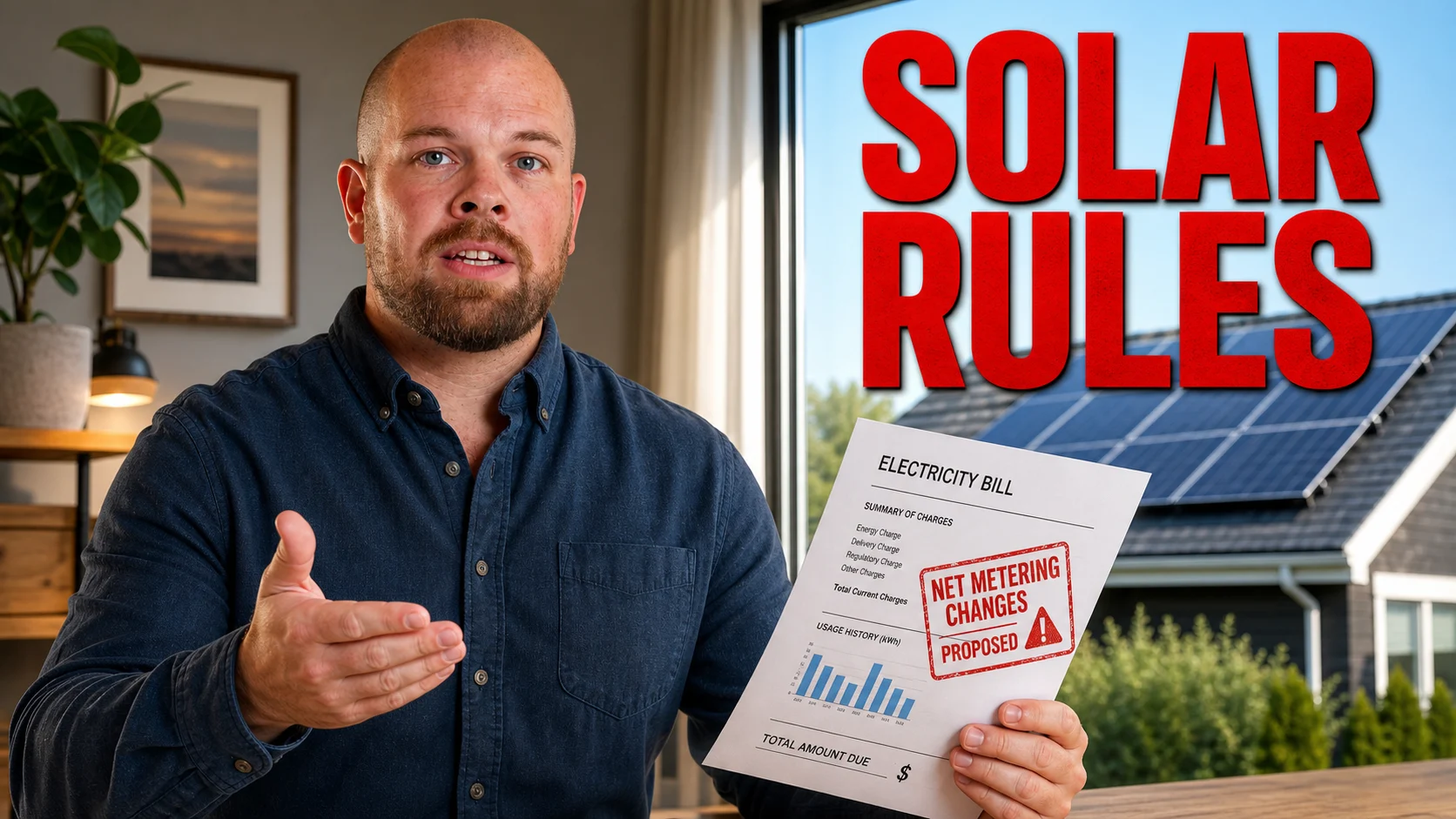 Solar Panels in New Brunswick 2026: Cost, Rebates, Net Metering, and NB Power's Proposed Changes Ray holding an electricity bill beside rooftop solar panels for New Brunswick solar rules in 2026