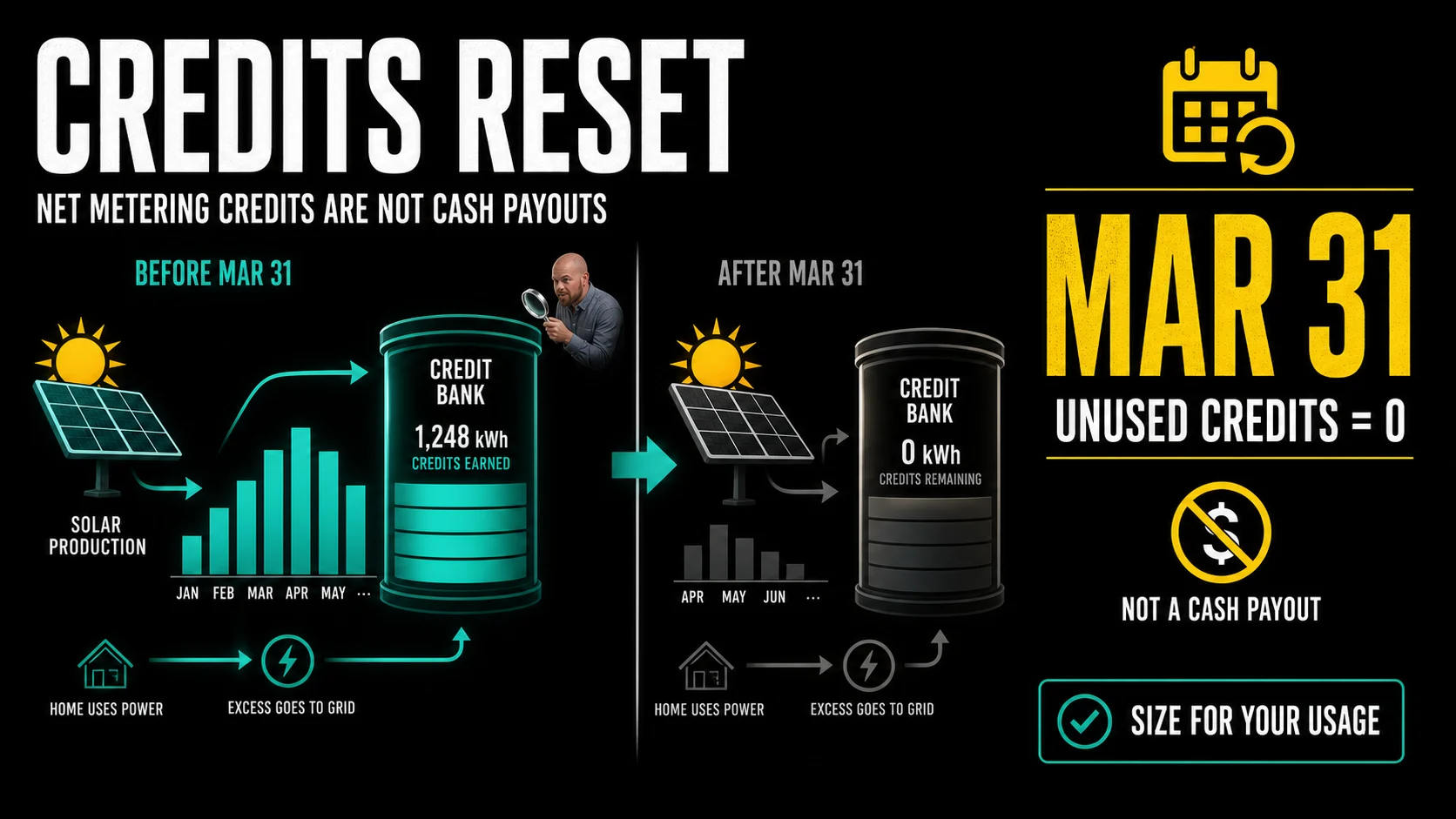 Solar Panels in New Brunswick 2026: Cost, Rebates, Net Metering, and NB Power's Proposed Changes Infographic explaining New Brunswick net metering credits reset to zero on March 31 and are not cash payouts