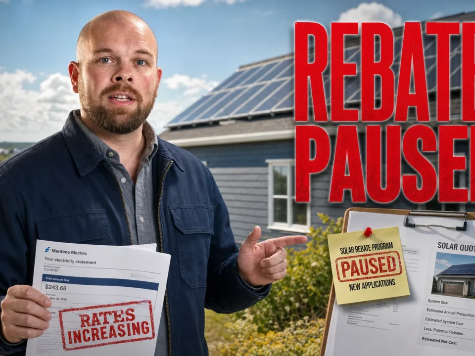 Ray explains the PEI solar rebate pause for 2026 beside rooftop solar panels and a utility bill