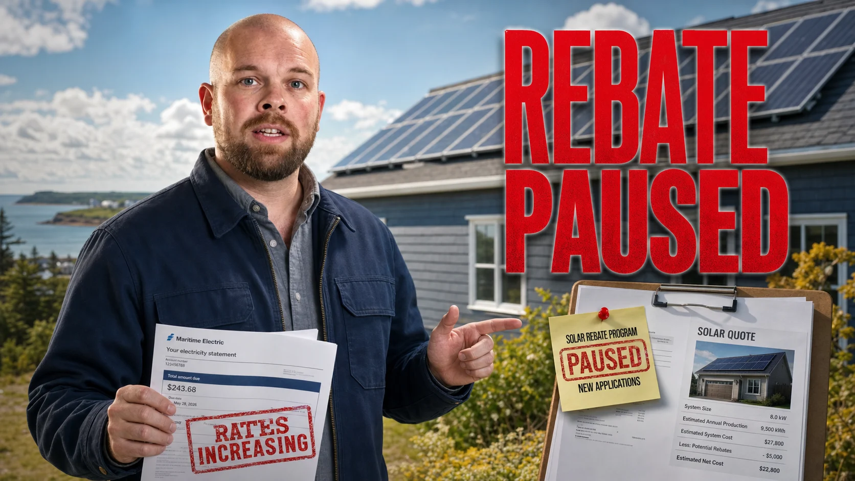 PEI Solar Panels 2026 Rebate Paused Thumbnail Ray explains the PEI solar rebate pause for 2026 beside rooftop solar panels and a utility bill