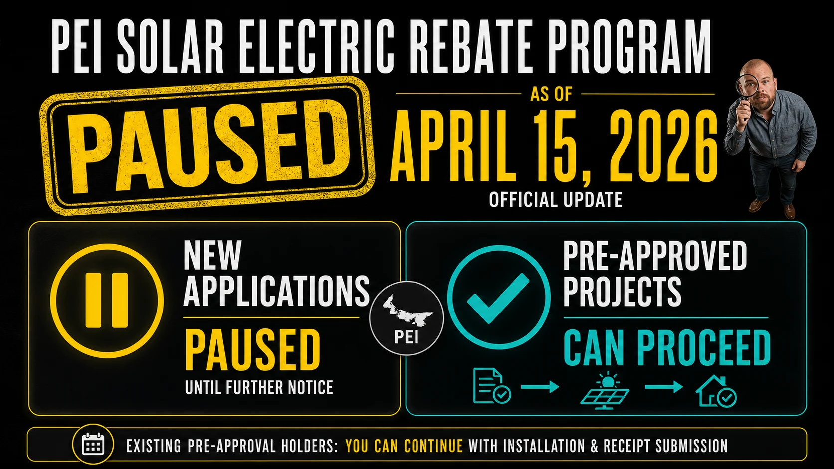PEI Solar Rebate Paused April 2026 Infographic Infographic showing the PEI solar rebate paused on April 15 2026 while pre-approved projects can continue