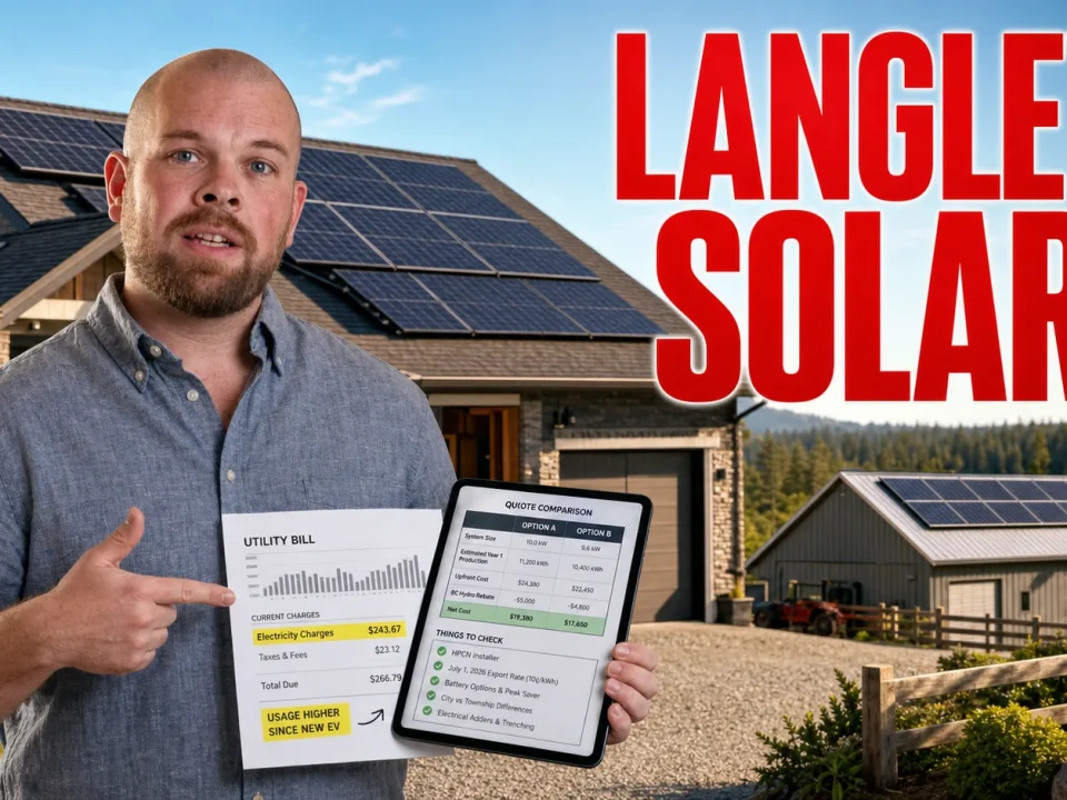 Ray holding a utility bill and solar quote in front of a Langley home with rooftop solar panels