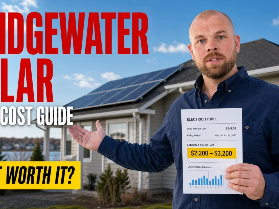 Ray-style solar advisor holding an electricity bill beside a Bridgewater home with rooftop solar panels