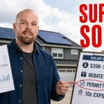 Ray holding an electricity bill and pointing to a Surrey solar quote checklist beside a home with rooftop solar panels