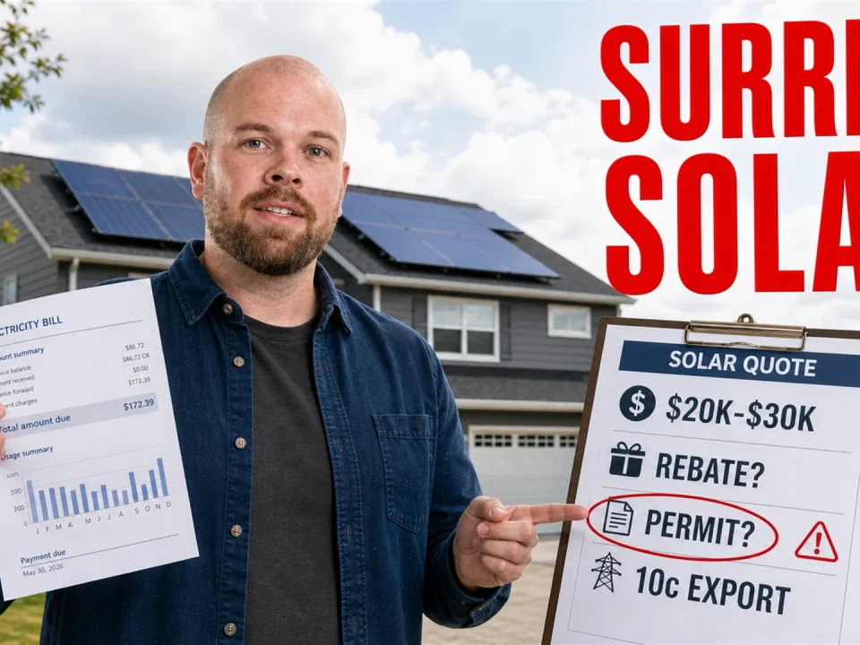 Ray holding an electricity bill and pointing to a Surrey solar quote checklist beside a home with rooftop solar panels