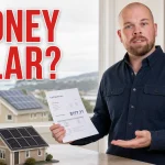 Ray-style presenter beside a Sydney solar panels cost guide thumbnail with rooftop solar and electricity bill visuals