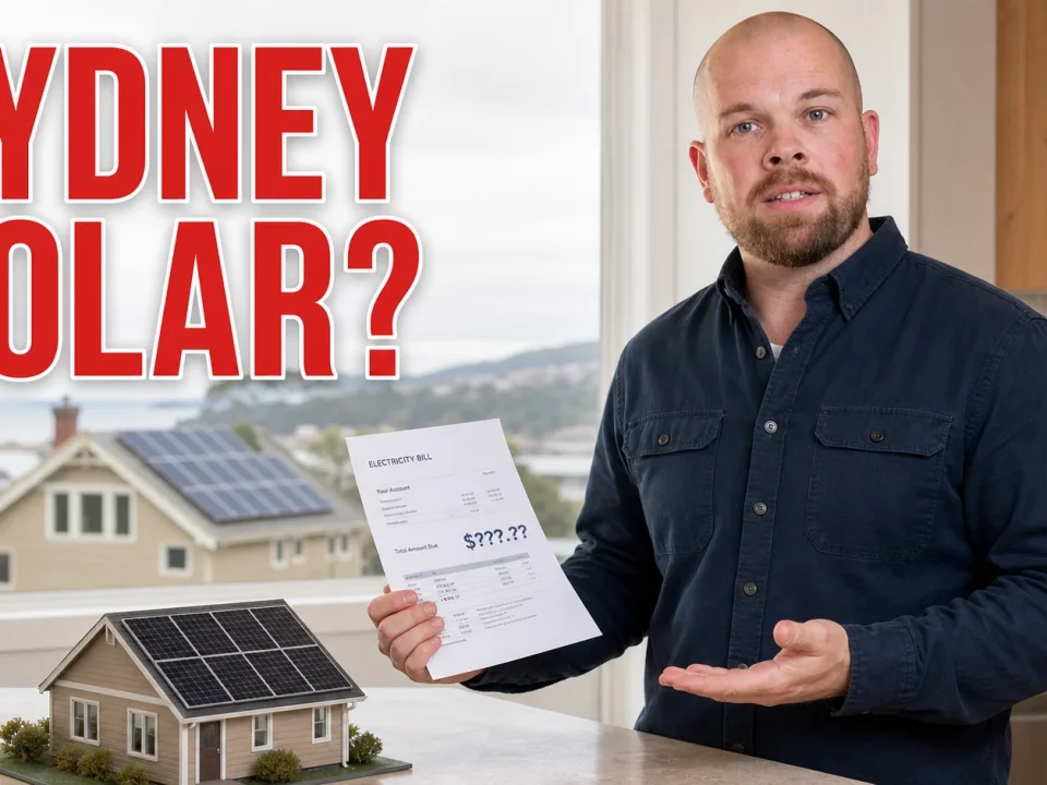 Ray-style presenter beside a Sydney solar panels cost guide thumbnail with rooftop solar and electricity bill visuals