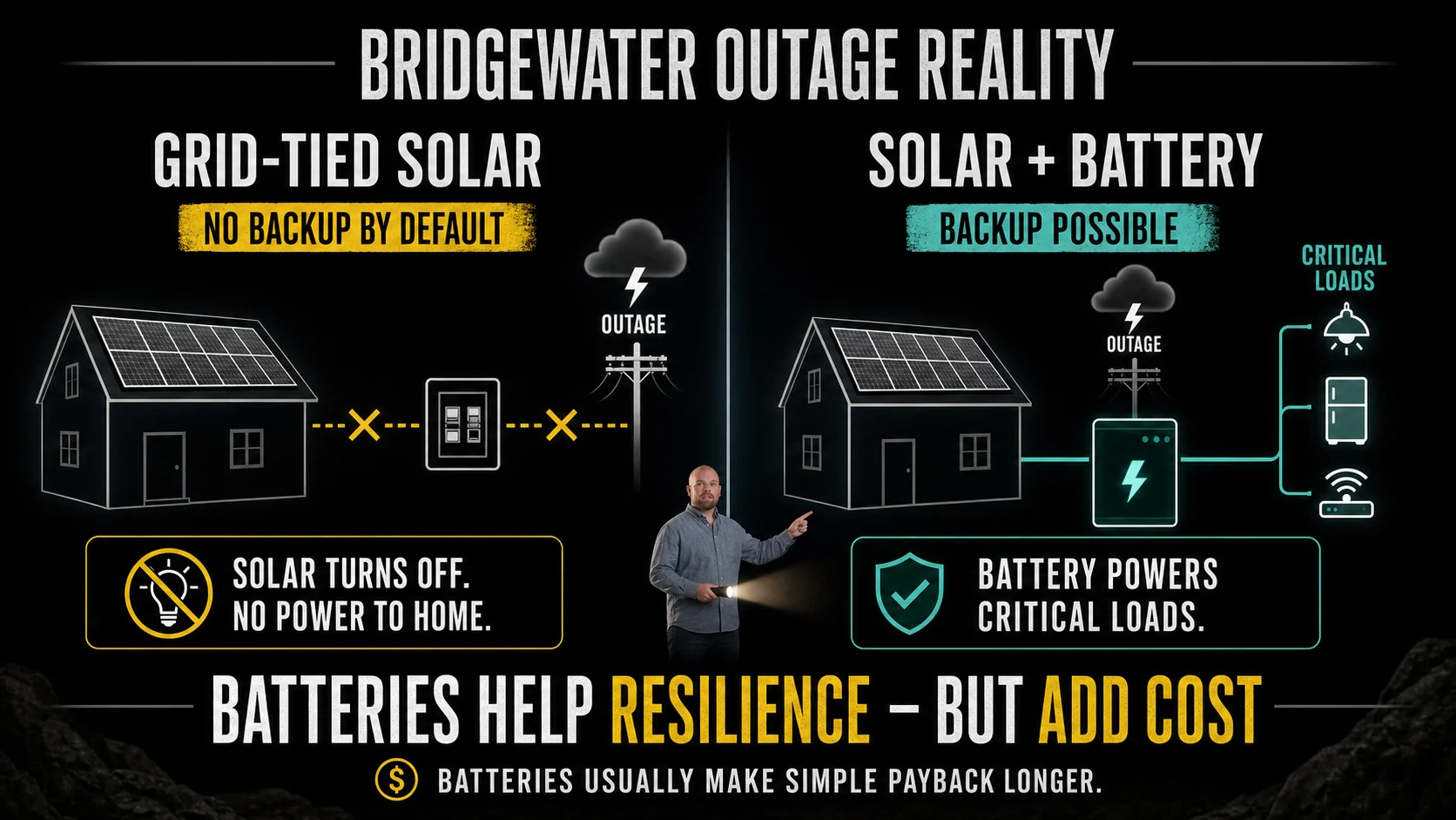 Infographic comparing grid tied solar with no backup by default against solar plus battery backup for critical loads