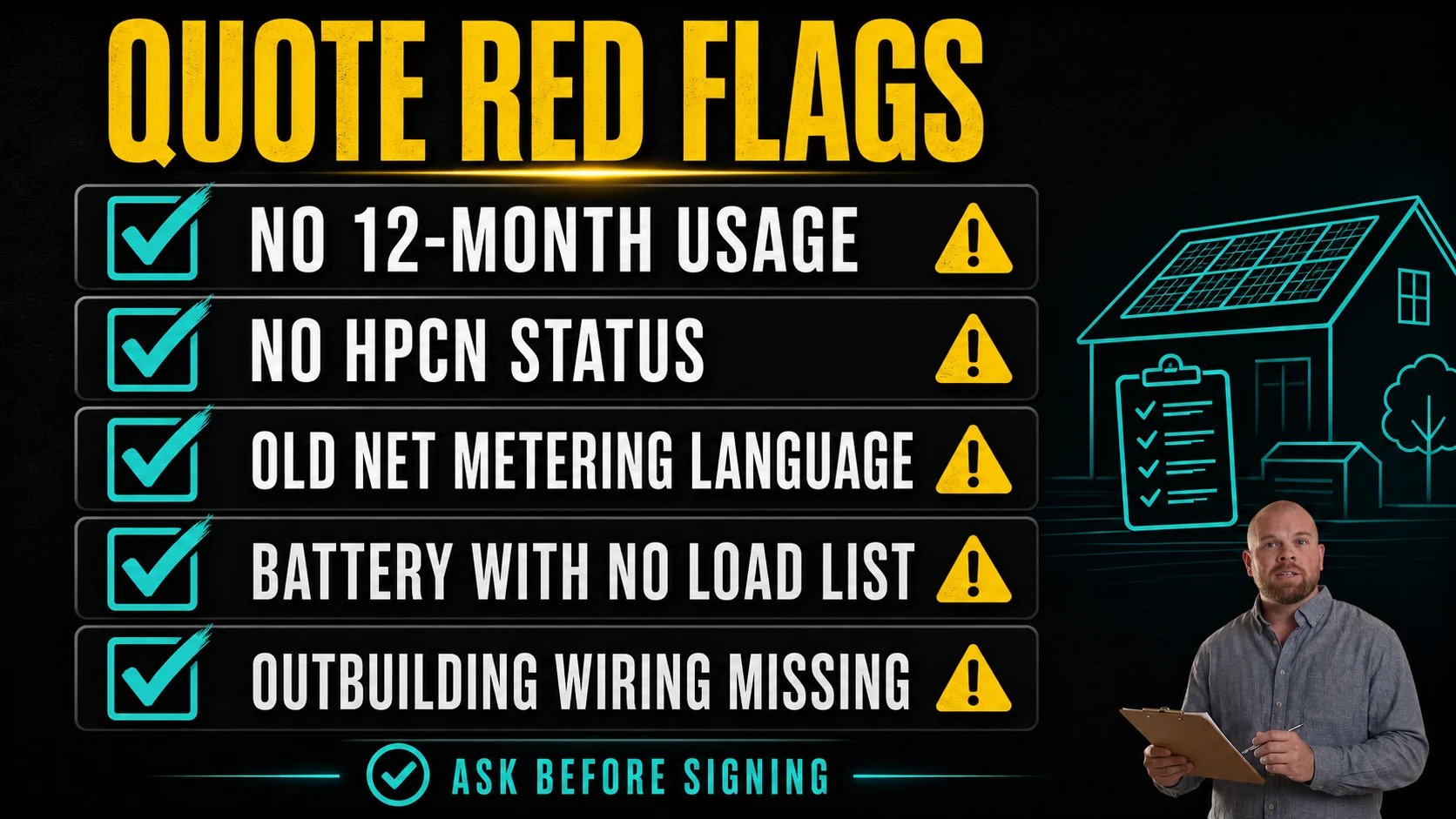Langley solar quote red flags checklist Checklist infographic of Langley solar quote warning signs including missing usage data HPCN status battery load list and outbuilding wiring details
