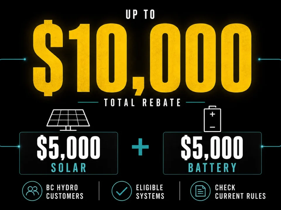 Solar panels on a Kelowna home with a 2026 cost and rebate guide theme for homeowners comparing solar quotes