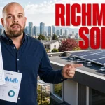 Solar Panels Richmond 2026: Cost, Rebates, Roof Risks And Quote Math Richmond solar panels featured image with a homeowner holding a solar quote beside a low-slope roof and rooftop solar panels.