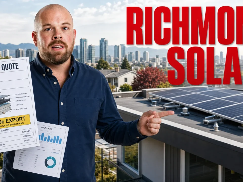 Solar Panels Richmond 2026: Cost, Rebates, Roof Risks And Quote Math Richmond solar panels featured image with a homeowner holding a solar quote beside a low-slope roof and rooftop solar panels.