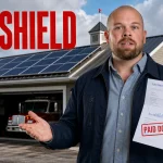 Nova Scotia Fire Hall Solar Project: Why Solar Is Becoming a Budget Tool, Not a Luxury Presenter holding a paid-down electricity bill in front of a Nova Scotia fire hall with rooftop solar panels