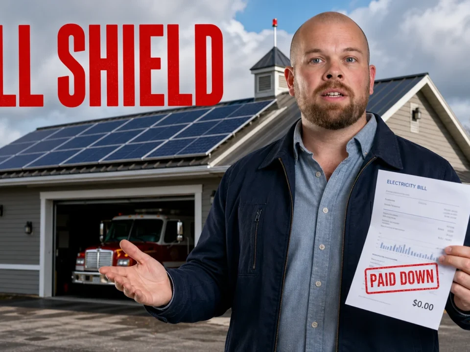 Nova Scotia Fire Hall Solar Project: Why Solar Is Becoming a Budget Tool, Not a Luxury Presenter holding a paid-down electricity bill in front of a Nova Scotia fire hall with rooftop solar panels