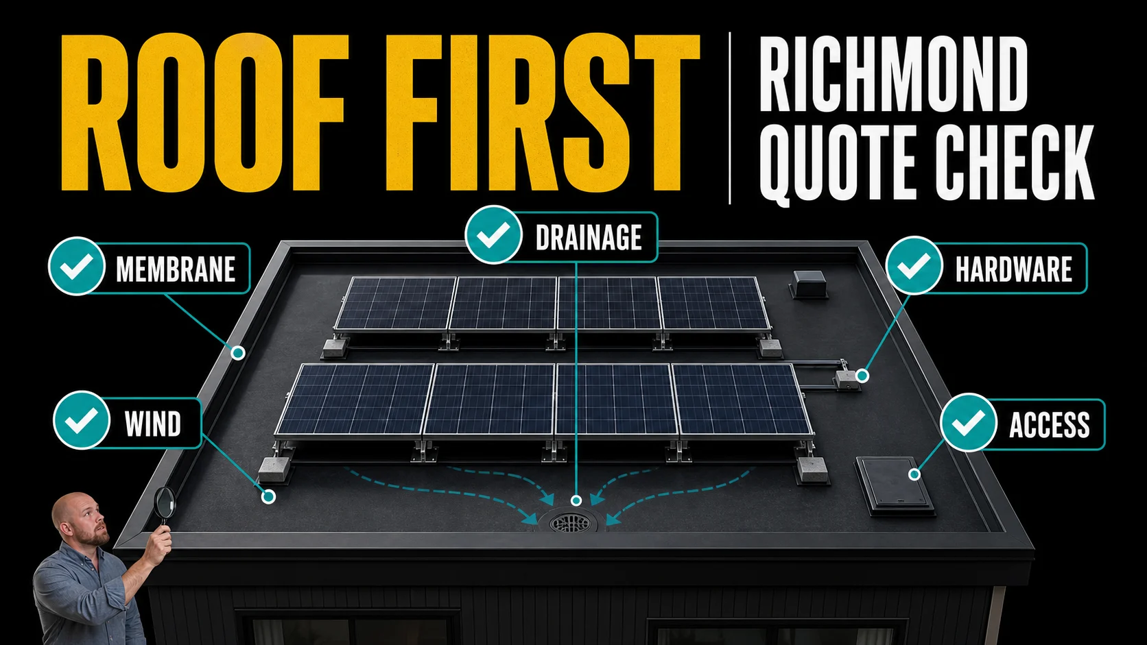 Infographic showing Richmond low-slope roof solar quote checks for membrane protection, wind, drainage, hardware and access.