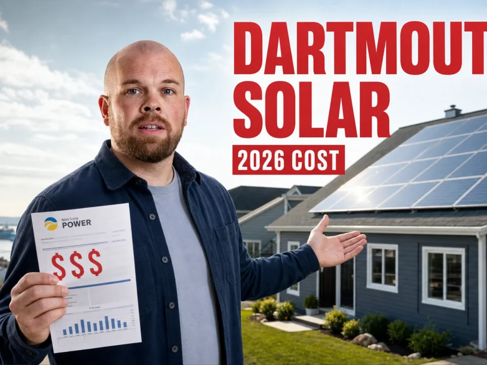 Presenter holding a power bill beside a Dartmouth home with rooftop solar panels for a 2026 solar cost guide