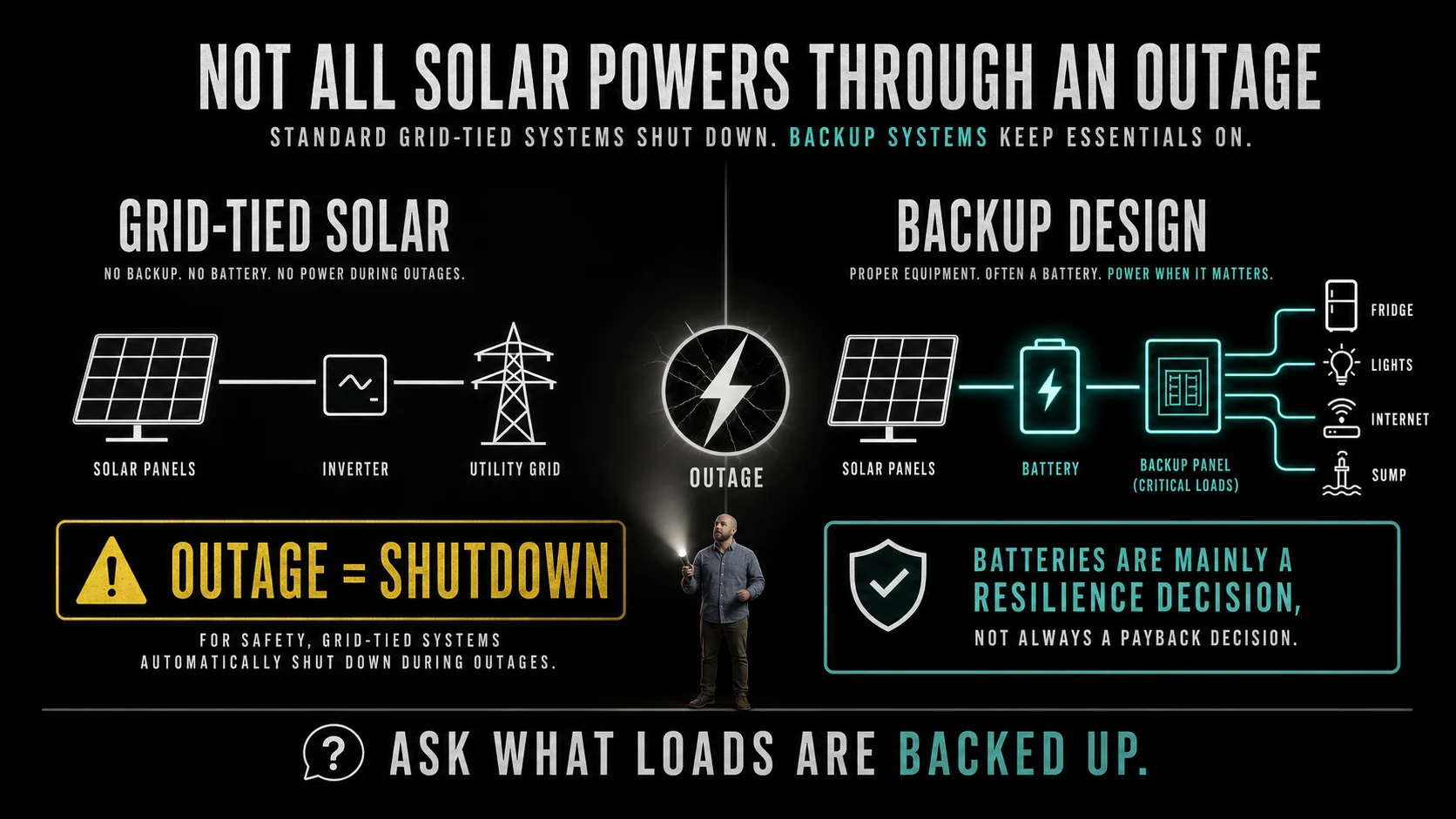 Solar Outage And Battery Backup Infographic Infographic comparing standard grid-tied solar shutdown during outages with a battery backup design for critical home loads