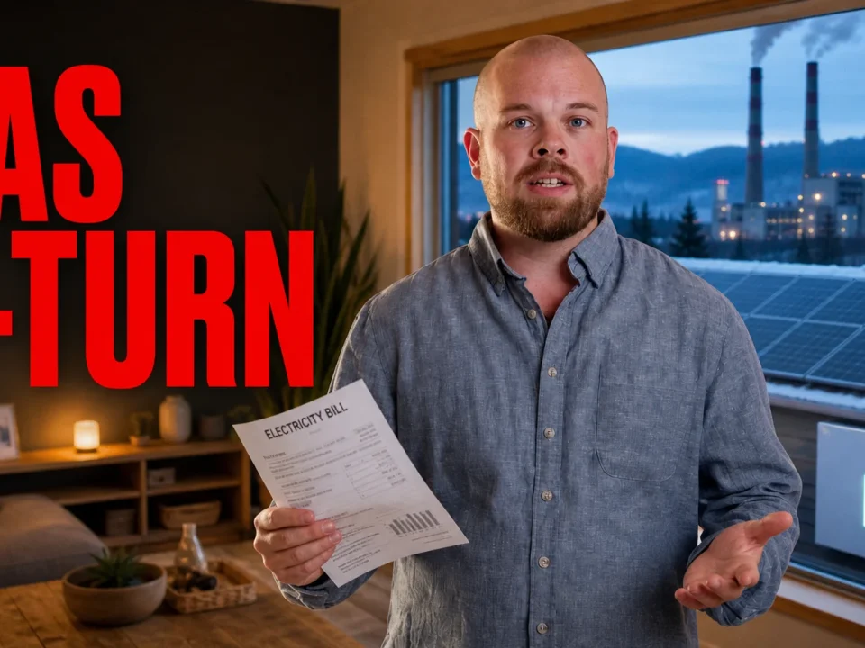 Man in a home beside solar panels battery storage and gas power plant illustrating B.C. Hydro reliability concerns