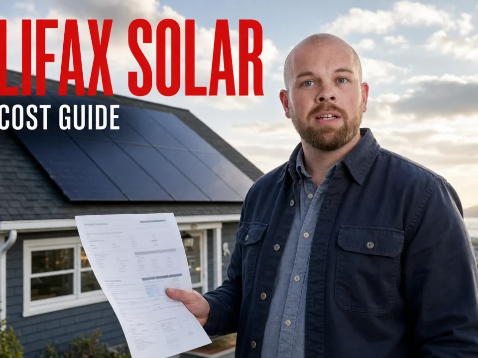 Man holding an electricity bill beside a Halifax home with rooftop solar panels for a 2026 solar cost guide