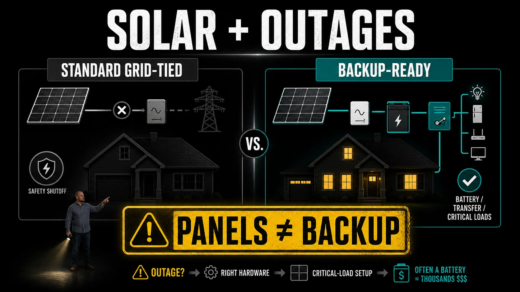 Infographic comparing standard grid tied solar shutdown during outages with a backup ready solar battery and critical load setup