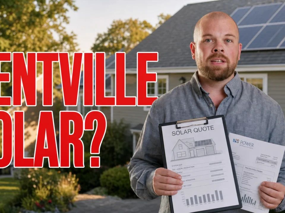 Ray-style solar advisor beside a Kentville home with rooftop solar panels and text reading Kentville Solar for a solar cost guide thumbnail