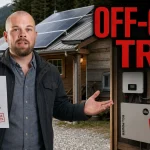 Off-Grid Solar in BC: Costs, Rebates, Batteries, Permits, and DIY vs Hiring a Pro Man beside an off-grid BC cabin with solar panels, battery equipment, and a utility bill warning