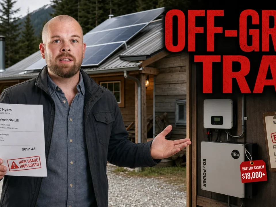 Off-Grid Solar in BC: Costs, Rebates, Batteries, Permits, and DIY vs Hiring a Pro Man beside an off-grid BC cabin with solar panels, battery equipment, and a utility bill warning