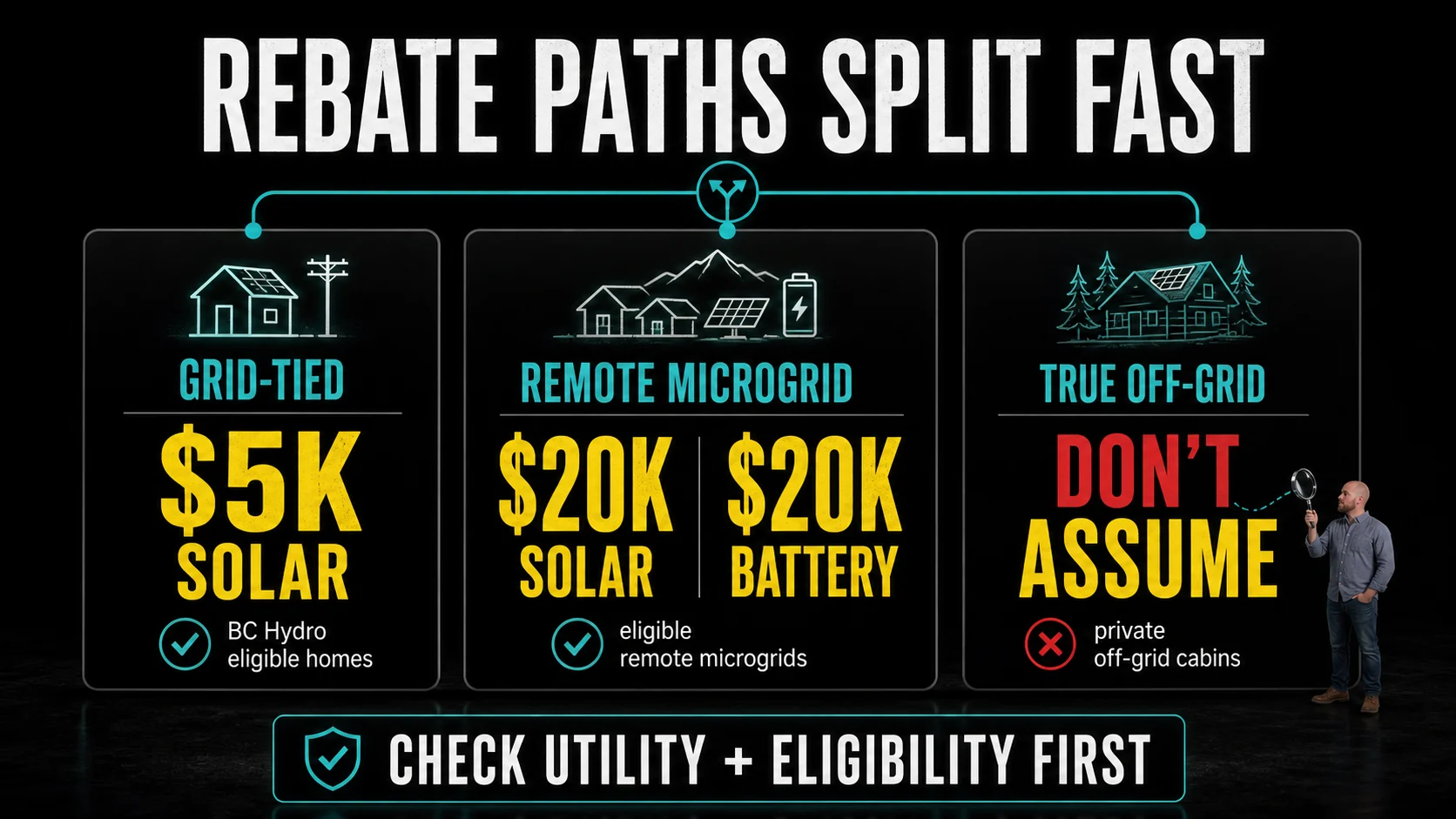 BC Solar Rebate Paths Grid Tied Remote Microgrid and Off Grid Infographic Infographic comparing BC solar rebate paths for grid-tied homes, remote microgrids, and true off-grid cabins