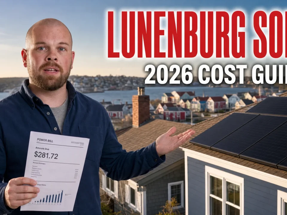 Ray-style solar advisor beside a Lunenburg coastal home with rooftop solar panels for the Lunenburg solar panels cost guide